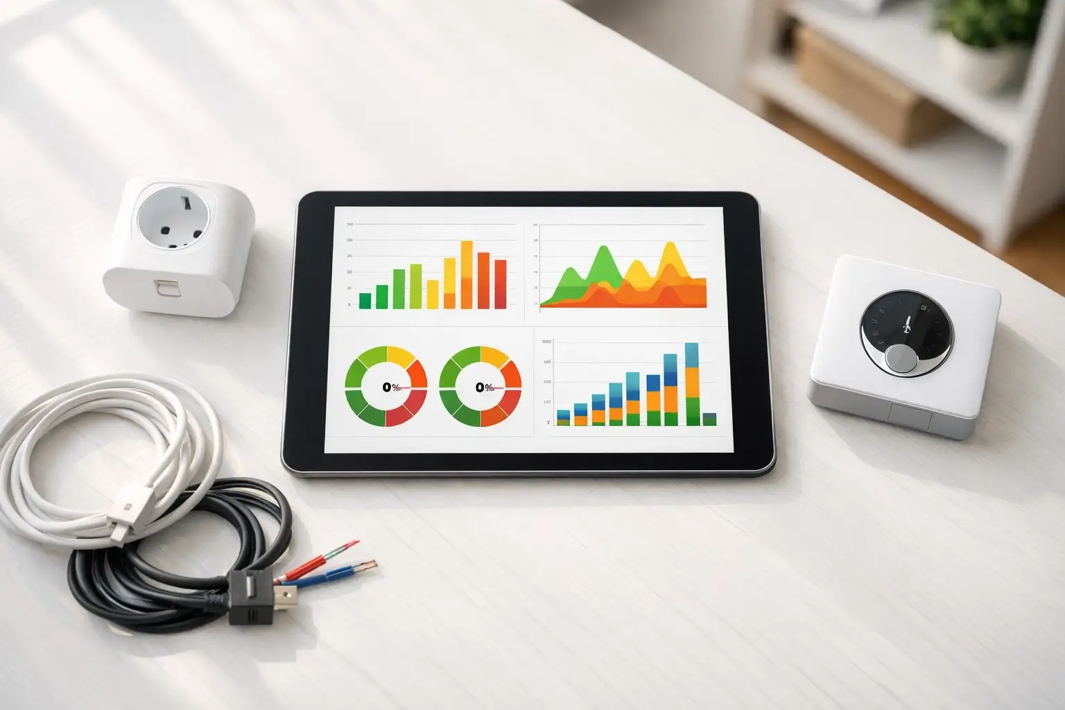 Tablet showing colorful energy usage charts and graphs with smart home devices on desk