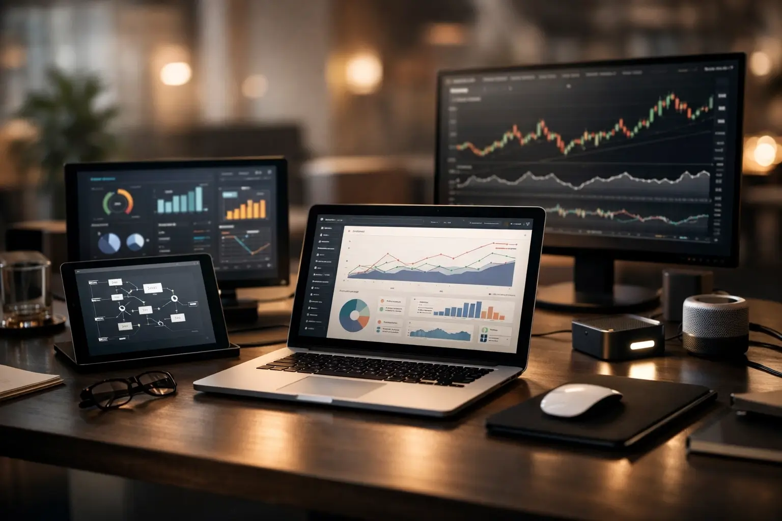 Digital automation dashboard on a modern office desk