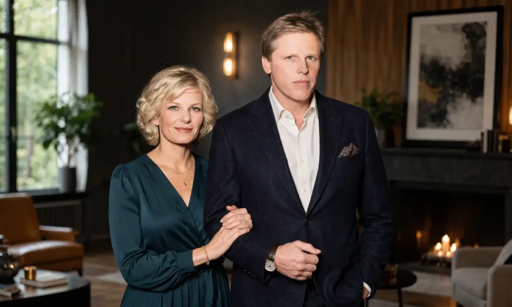 Portrait-style image of Judy Helkenberg standing with a man in elegant clothing in a stylish indoor setting.