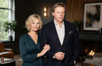 Portrait-style image of Judy Helkenberg standing with a man in elegant clothing in a stylish indoor setting.