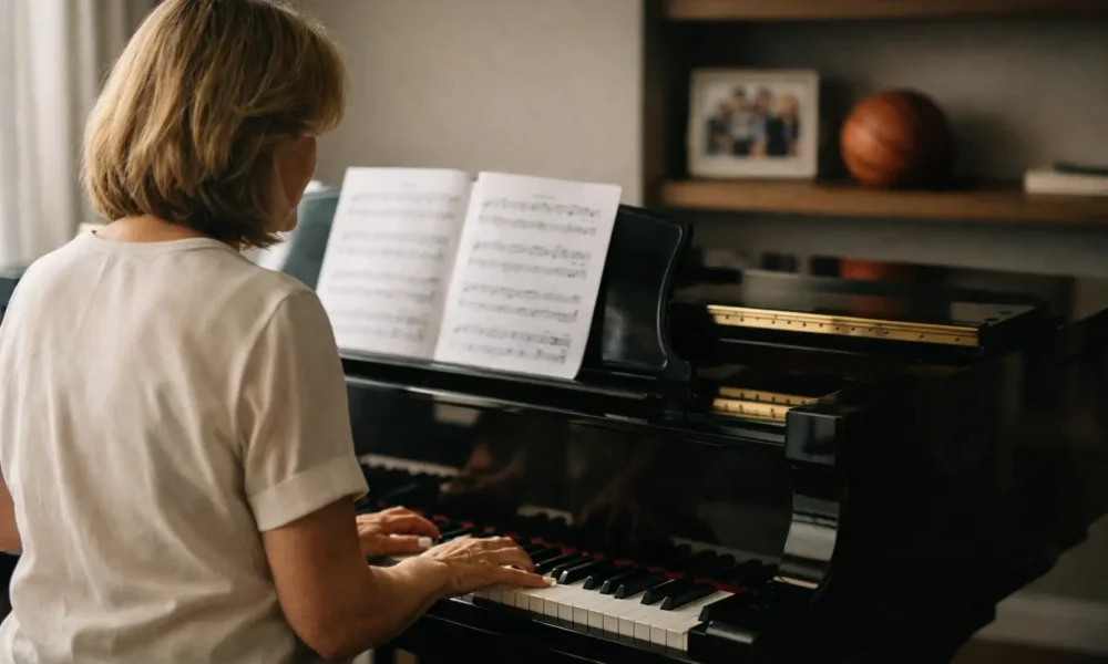 Woman sitting at a piano in a bright home music room