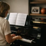 Woman sitting at a piano in a bright home music room