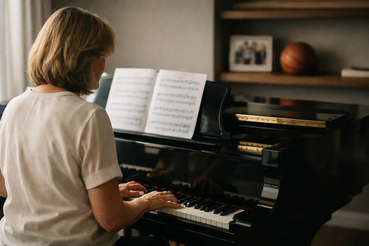 Woman sitting at a piano in a bright home music room