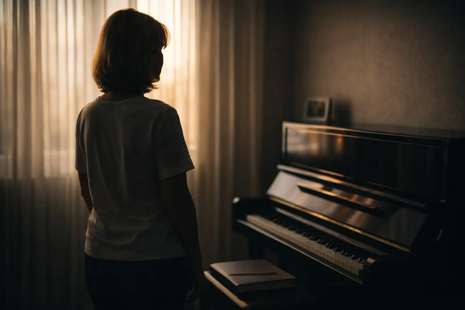 Quiet home studio with piano and soft evening light