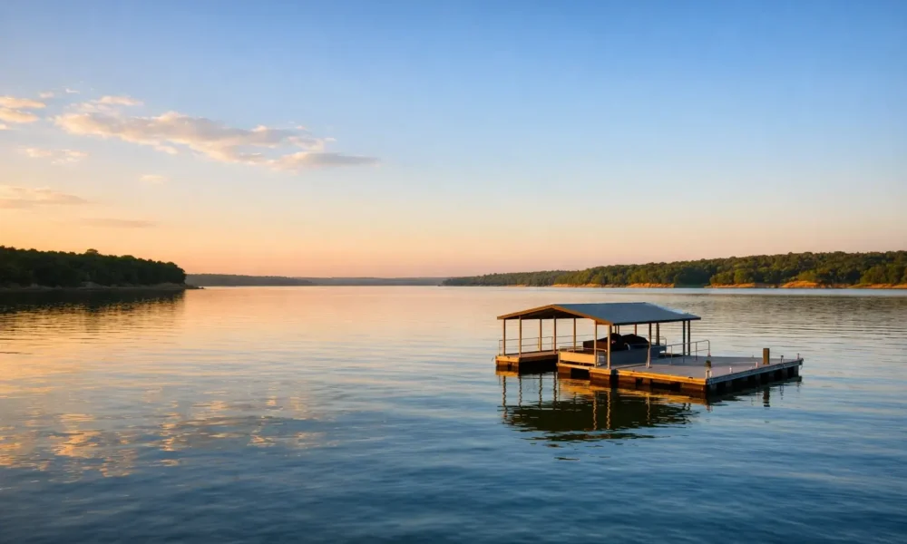 Sunrise view of Lake Texoma with calm water and a dock