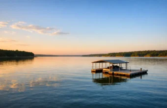 Sunrise view of Lake Texoma with calm water and a dock