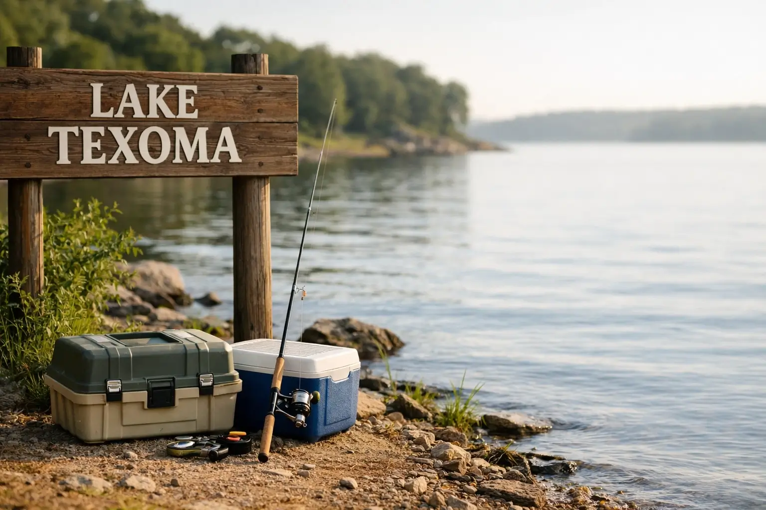 Fishing gear by the shore at Lake Texoma