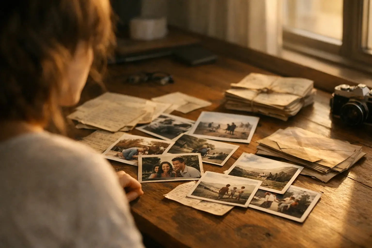 Woman looking at old photographs and documents on desk