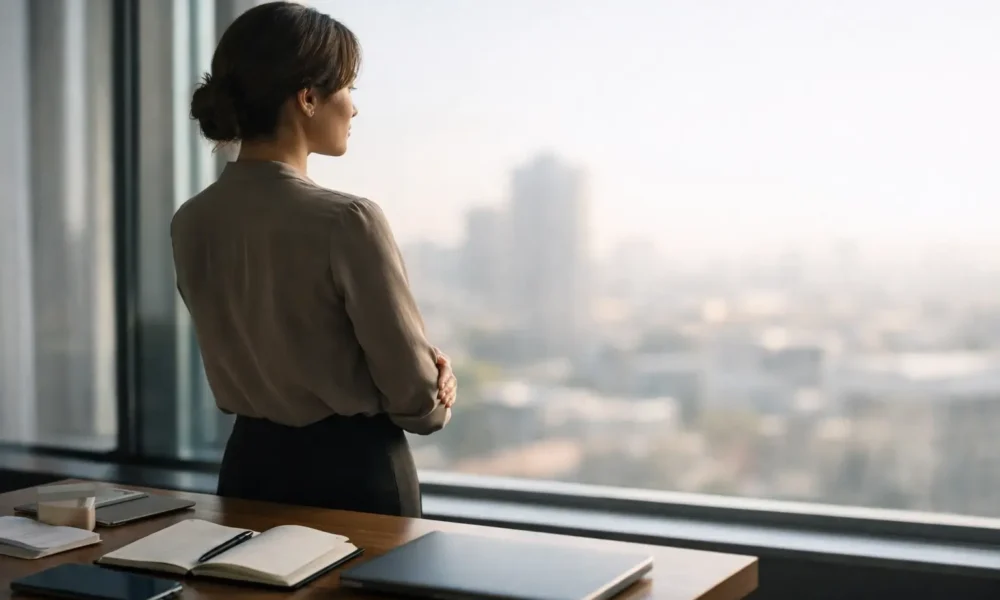 Professional woman in an office for a Maureen E. McPhilmy biography article