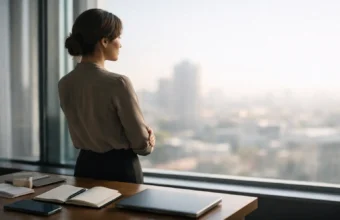 Professional woman in an office for a Maureen E. McPhilmy biography article