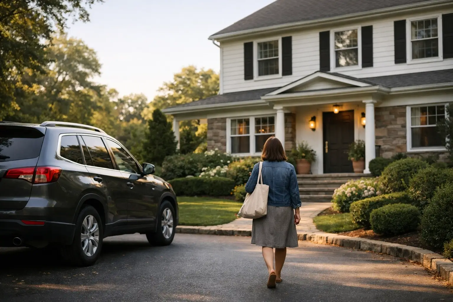 Woman walking toward a family home in a calm neighborhood