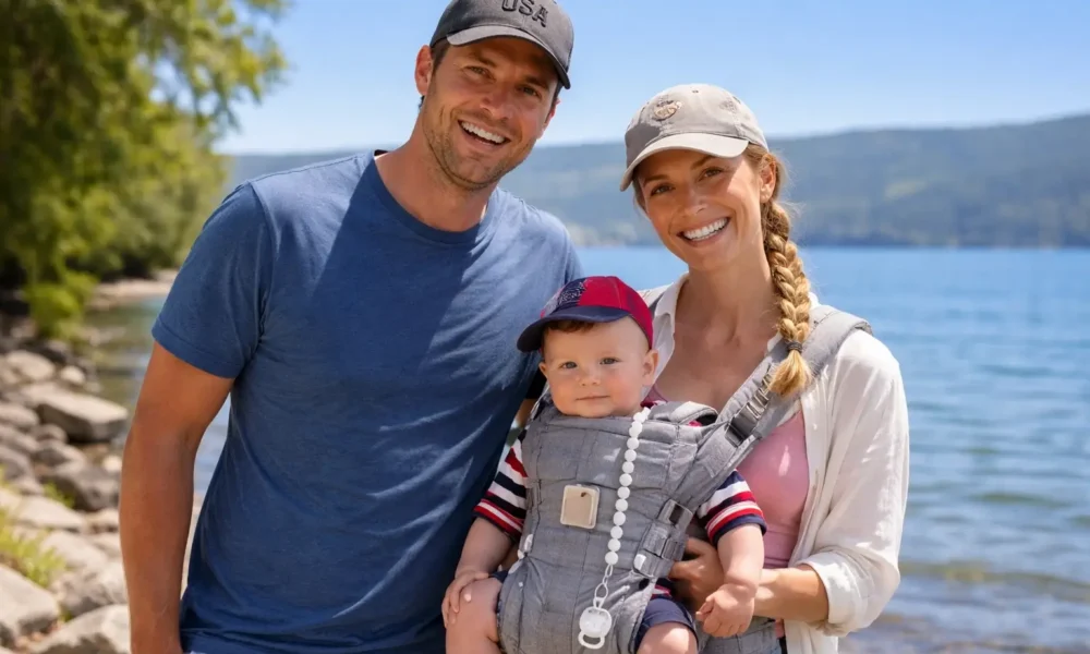 Max Dorsch standing outdoors with his family in a casual portrait by the water