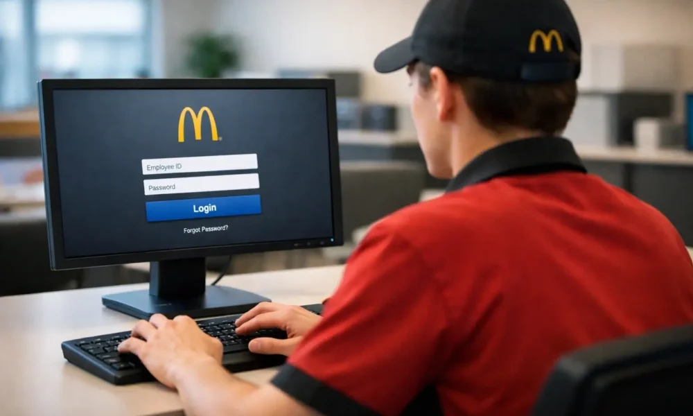 McDonald's employee logging into Mcdstuff portal on office computer