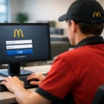 McDonald's employee logging into Mcdstuff portal on office computer