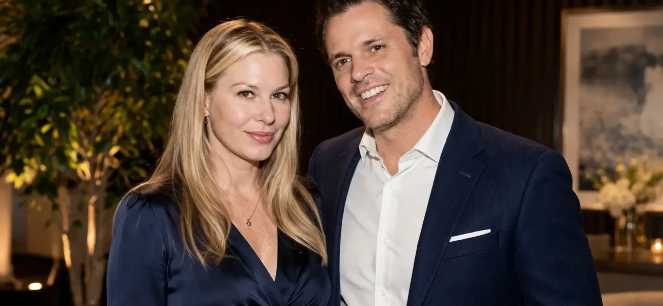 Melanie Lynn Clapp standing with a man in an elegant indoor portrait with stylish formal clothing.