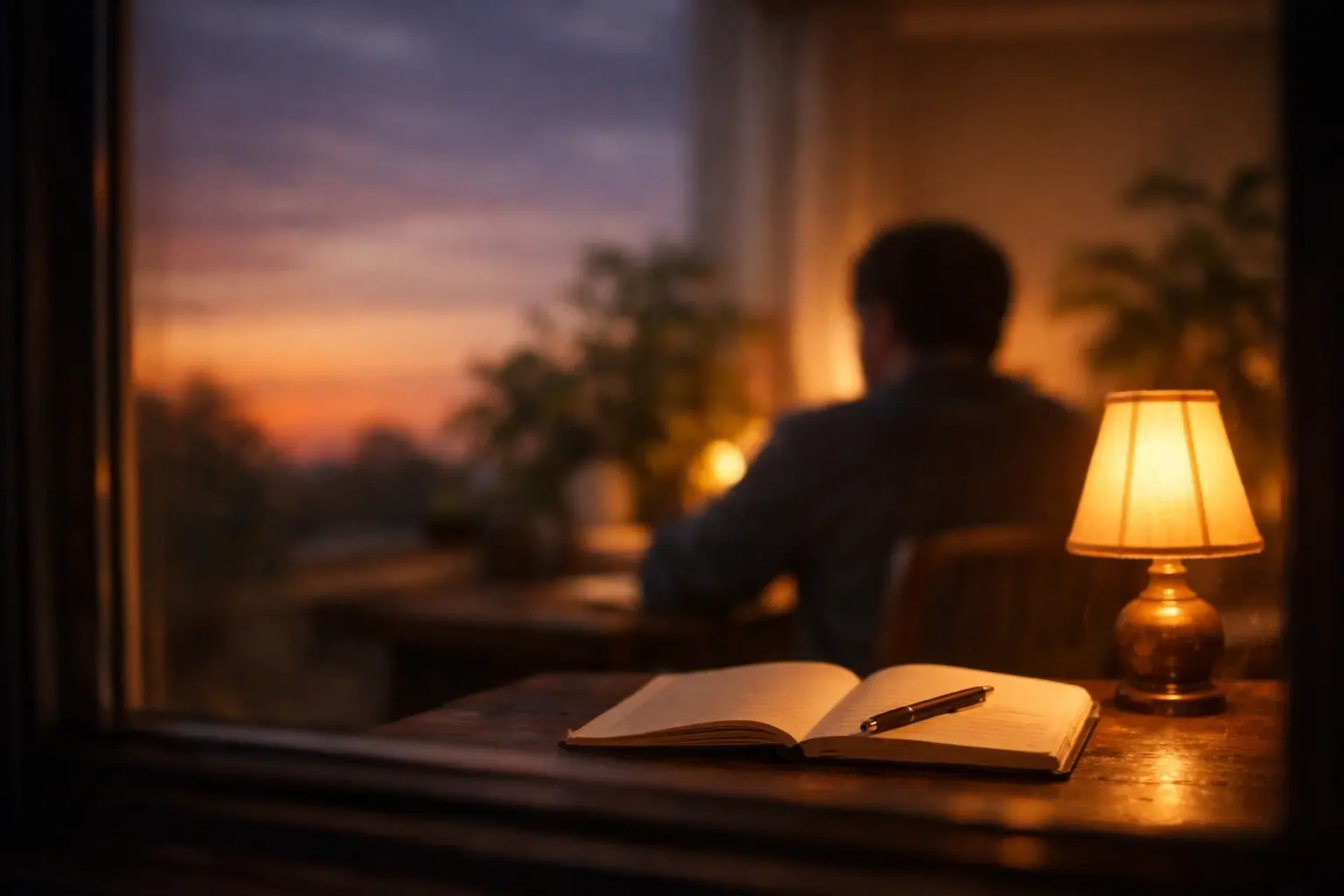 Evening poieno routine showing journaling and reflection with warm dimmed lighting