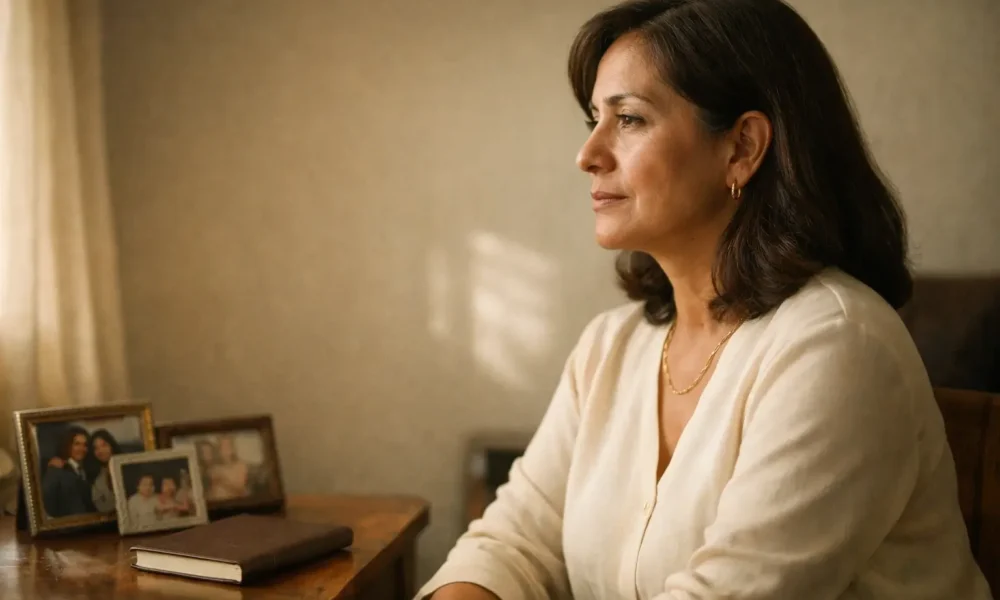 Private woman sitting by a window in a calm editorial photo