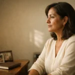 Private woman sitting by a window in a calm editorial photo