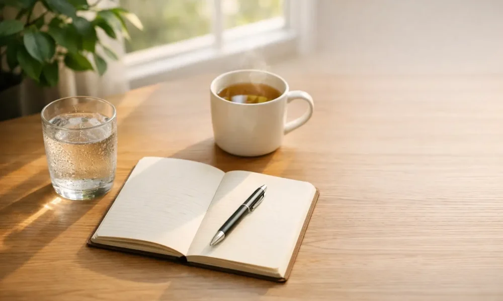 Morning wellness routine setup with journal, water glass, and tea on wooden desk with natural sunlight