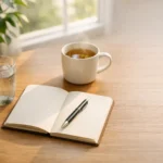 Morning wellness routine setup with journal, water glass, and tea on wooden desk with natural sunlight