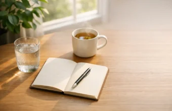 Morning wellness routine setup with journal, water glass, and tea on wooden desk with natural sunlight
