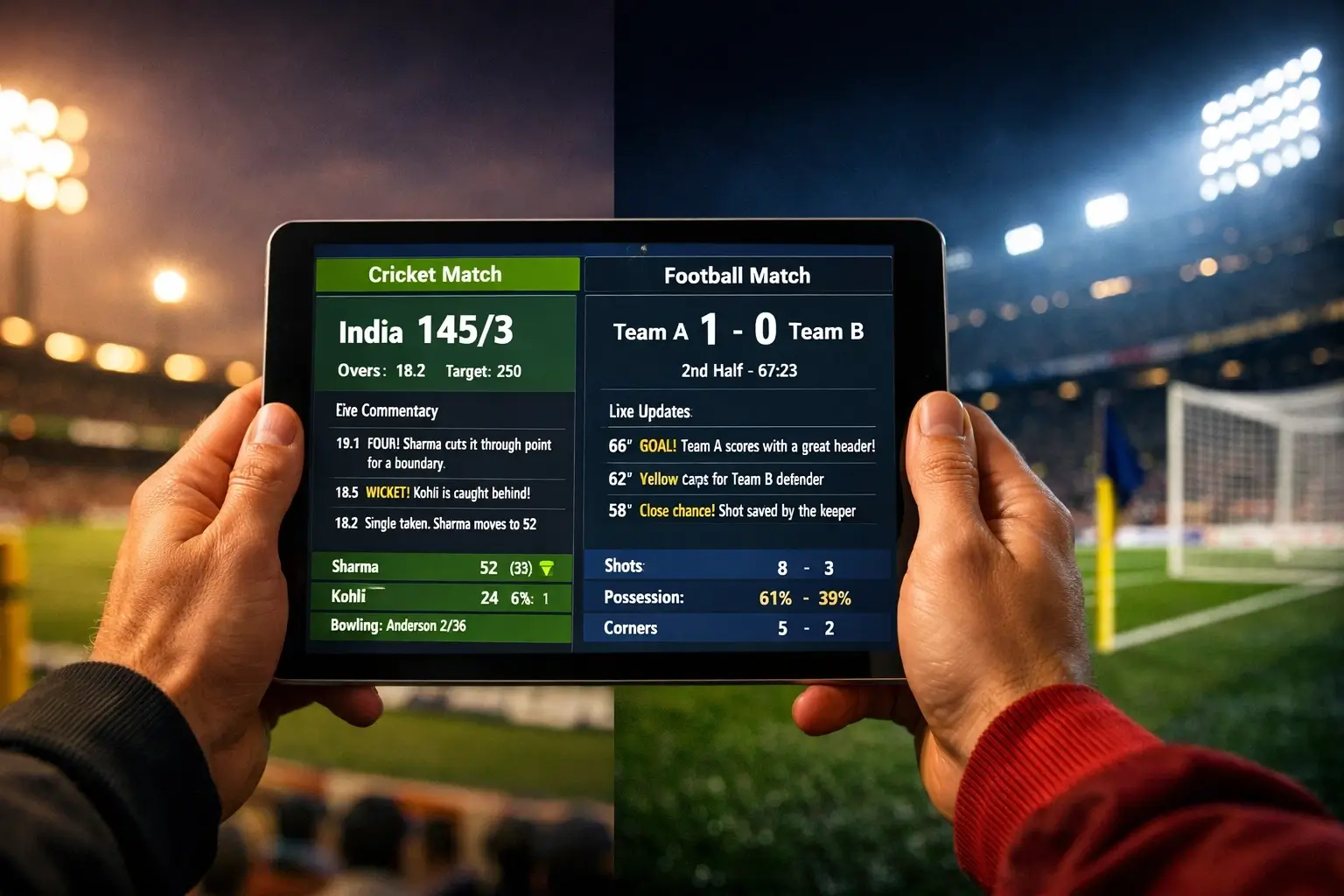 Sports fan's hands holding a tablet showing live updates from both cricket and football matches simultaneously.