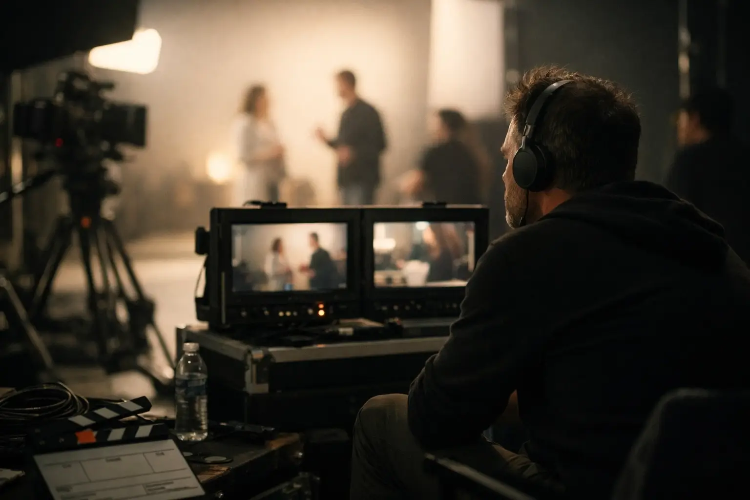 Director watching a commercial shoot on monitor