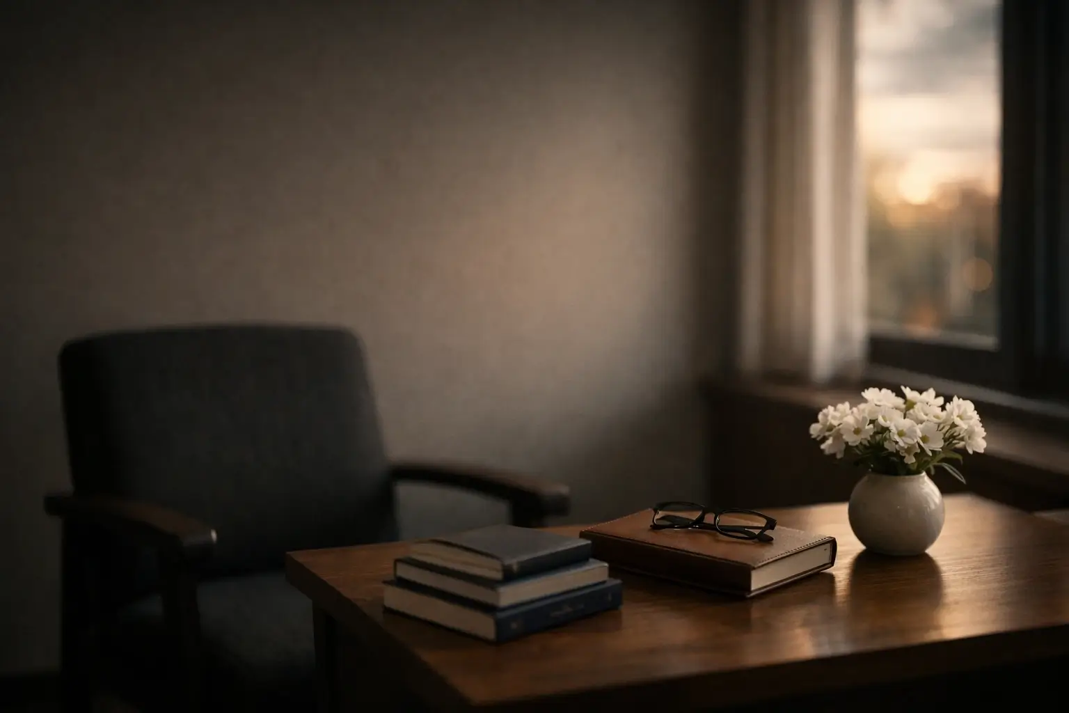 Reflective therapy office with books and flowers