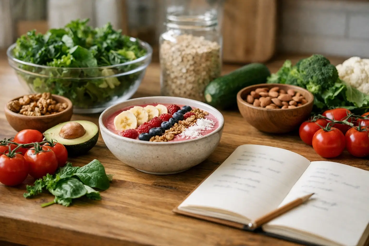 Plant-based meal setup for a healthy daily routine
