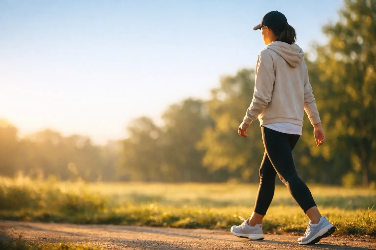 Person taking a peaceful walk outdoors in morning sunlight through green park