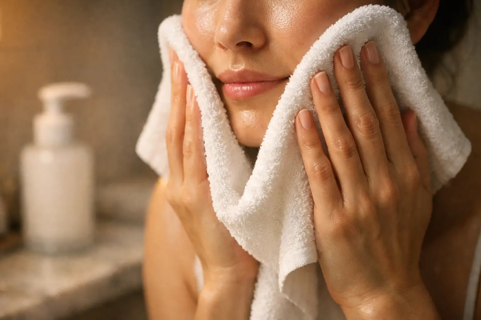 A person gently patting their face dry with a soft white towel after using a gentle eczema-friendly cleanser.