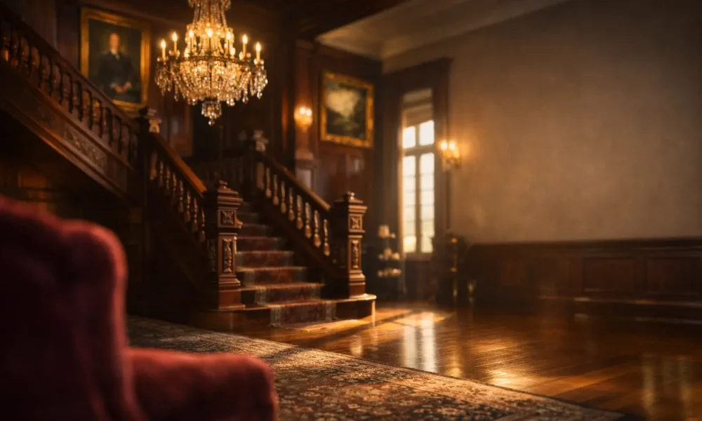 Elegant Gilded Age mansion interior with grand staircase and crystal chandelier