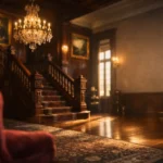 Elegant Gilded Age mansion interior with grand staircase and crystal chandelier