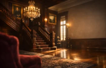 Elegant Gilded Age mansion interior with grand staircase and crystal chandelier