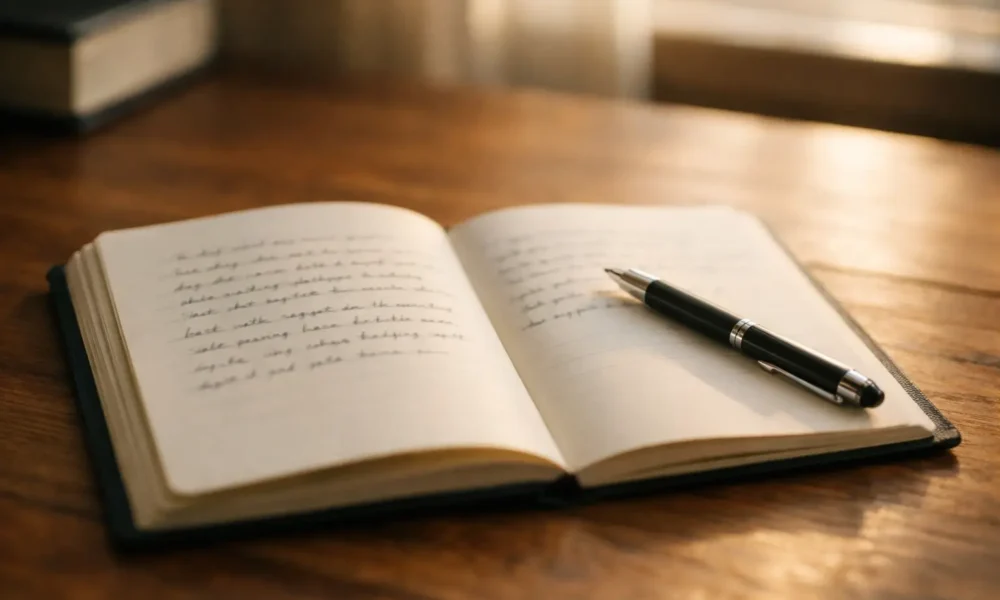 Open journal with pen on desk in soft window light