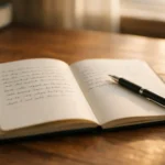 Open journal with pen on desk in soft window light