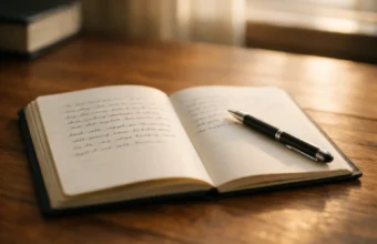 Open journal with pen on desk in soft window light