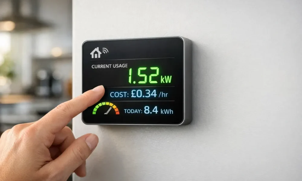 Digital power meter showing live energy consumption with bright display numbers