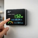 Digital power meter showing live energy consumption with bright display numbers