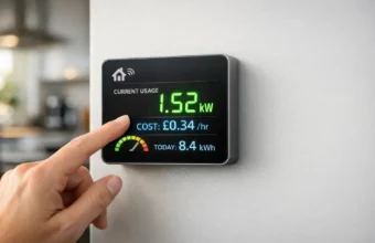 Digital power meter showing live energy consumption with bright display numbers