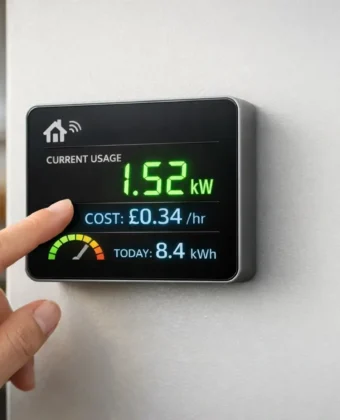 Digital power meter showing live energy consumption with bright display numbers