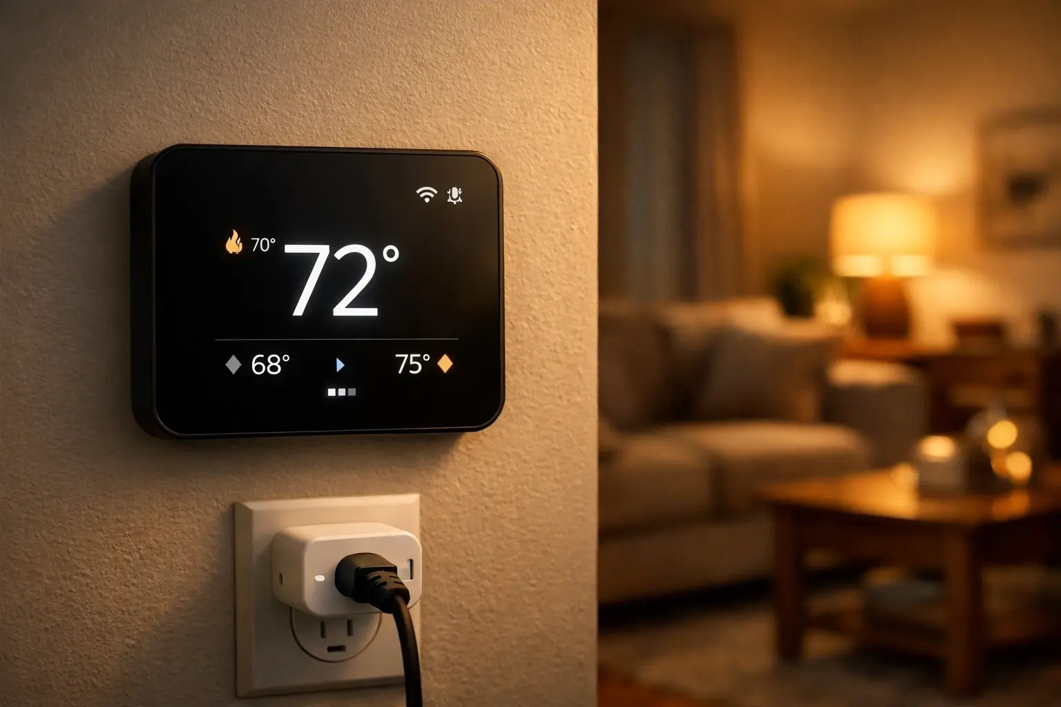 Digital heating thermostat control showing temperature settings in living room