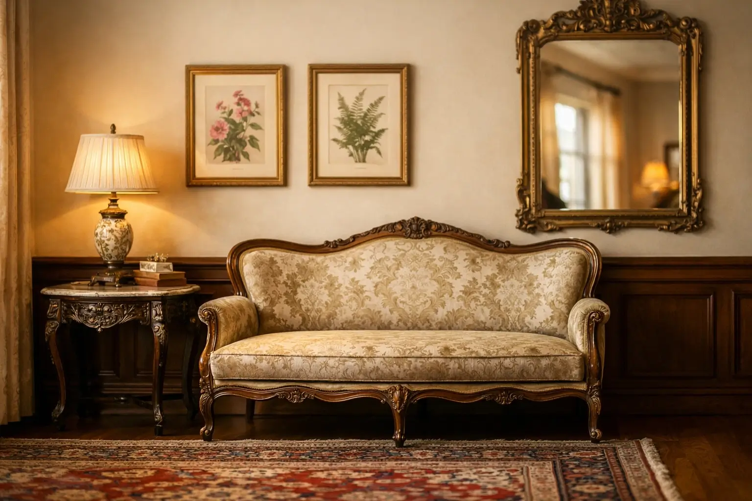 Sophisticated period living room with damask settee and antique furnishings