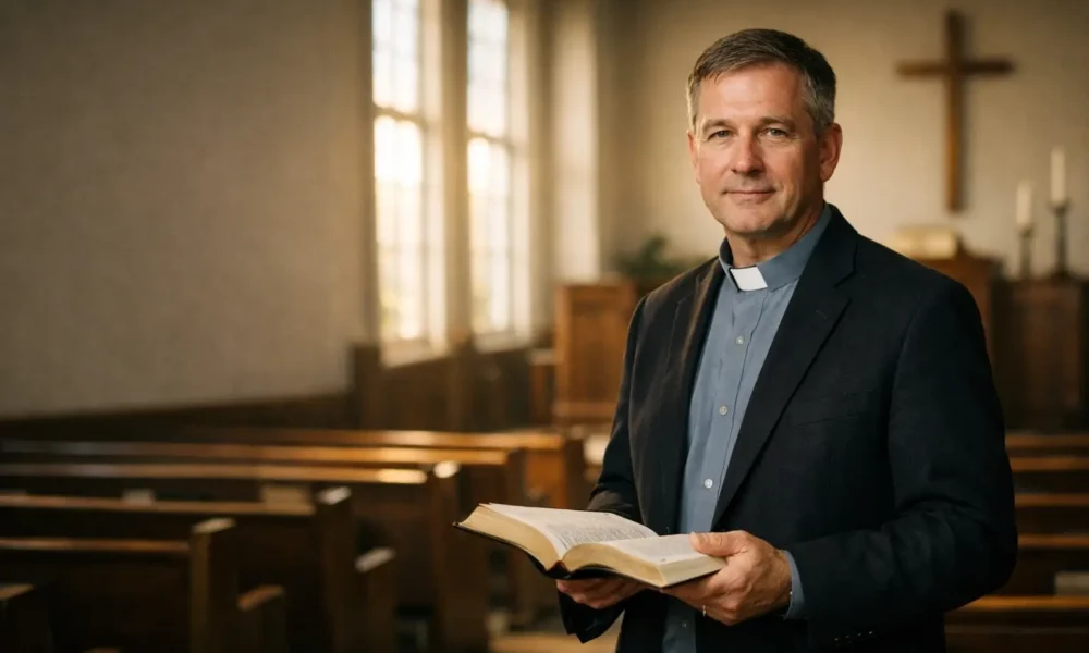 Pastor standing inside a quiet church