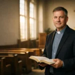 Pastor standing inside a quiet church