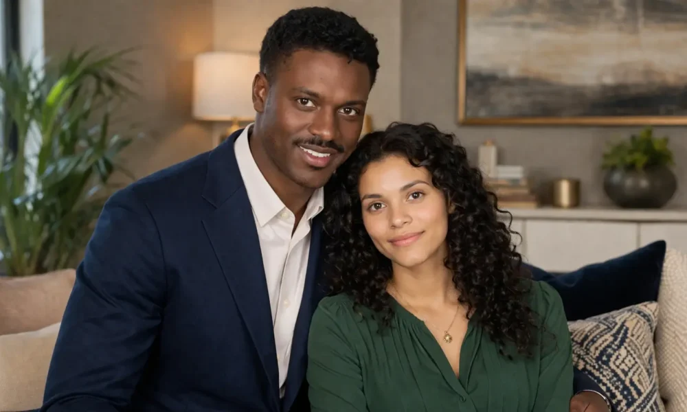 Themetta Suggs portrait with a man in a warm indoor setting, shown in elegant modern clothing.