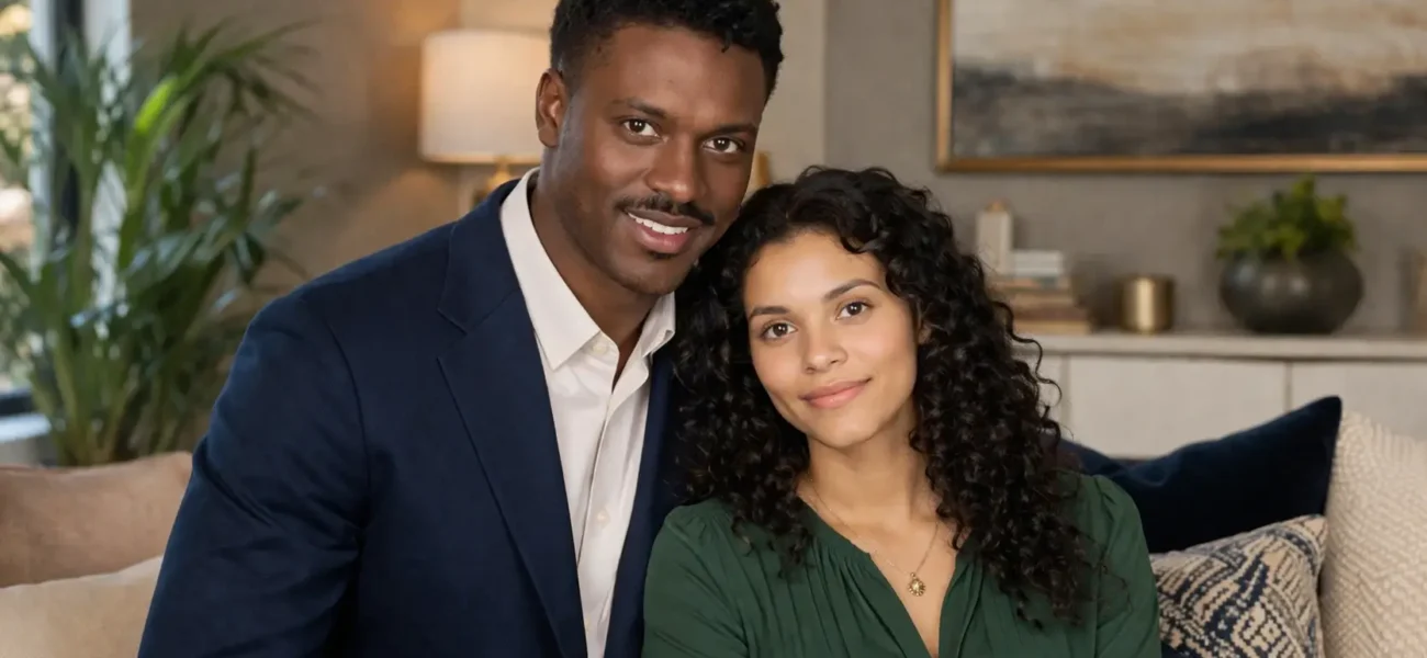 Themetta Suggs portrait with a man in a warm indoor setting, shown in elegant modern clothing.