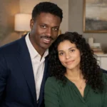 Themetta Suggs portrait with a man in a warm indoor setting, shown in elegant modern clothing.