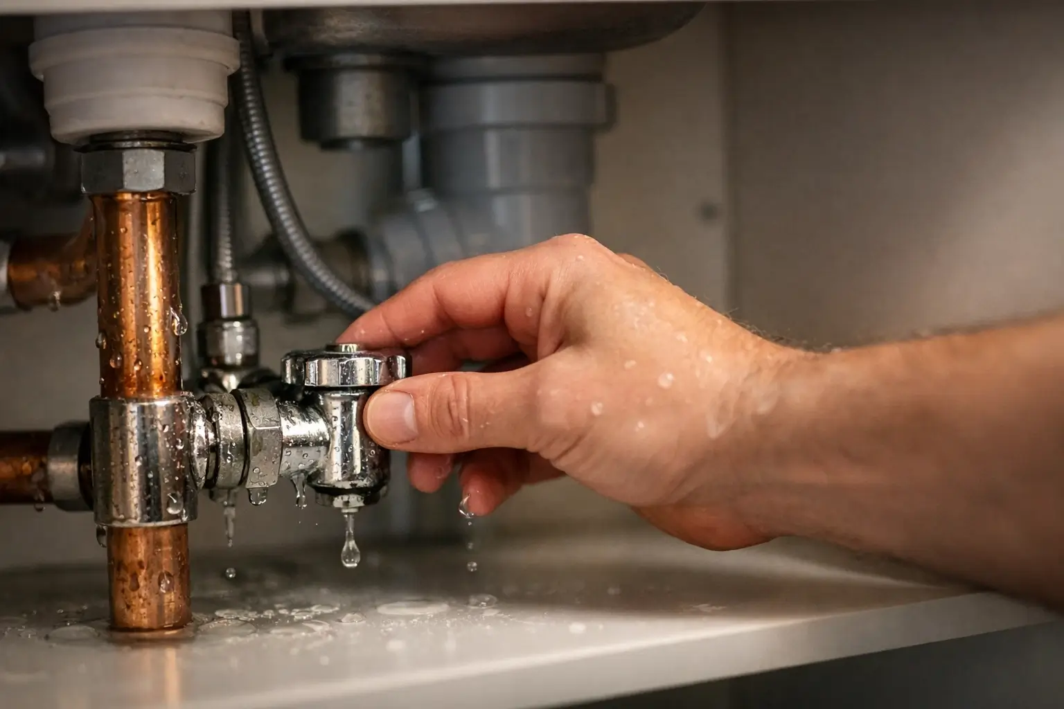 Hand turning off a water stop valve under a sink