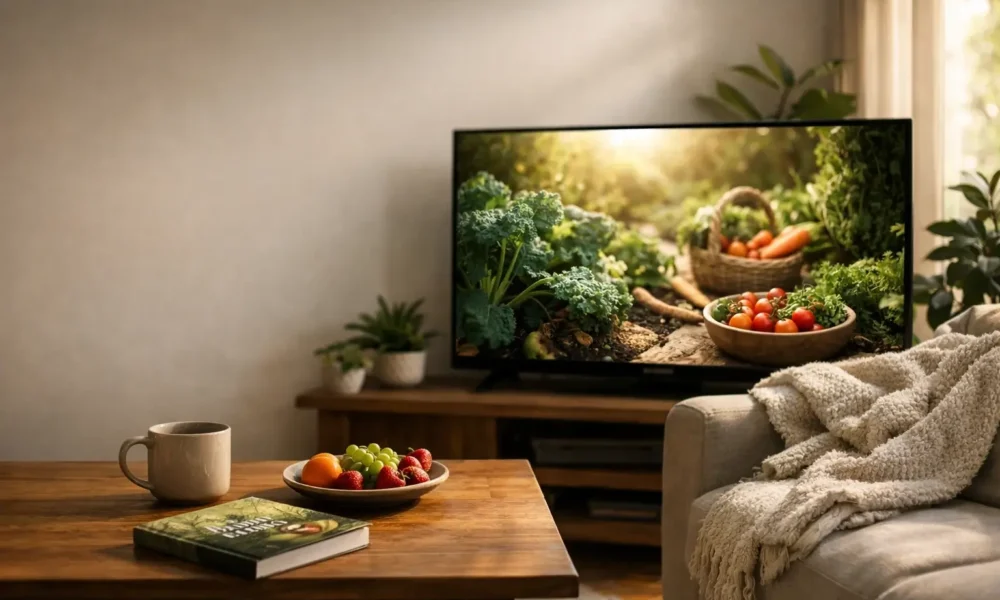 Cozy living room with vegan documentary on screen